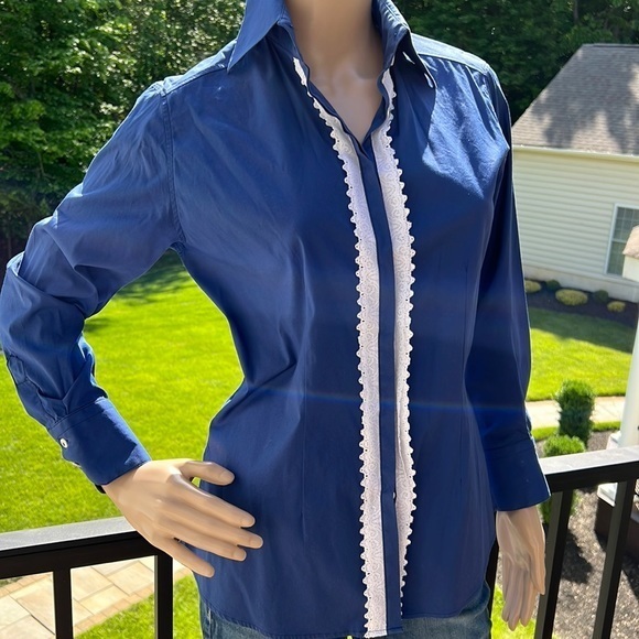 Jennifer T knit Courture blue/white lace trim long sleeve button down top - Picture 1 of 8